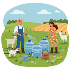 Fototapeta premium Couple Filling Water Tanks for Goats on Farm with Hose