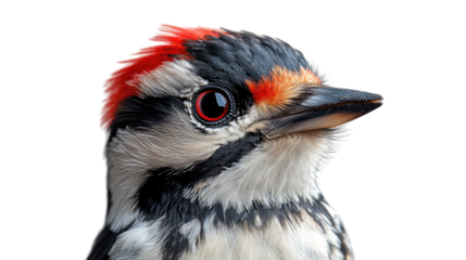 Colorful Woodpecker Close-up: a vibrant woodpecker's head captured in striking detail, showcasing its distinctive markings, piercing eye, and sharp beak.