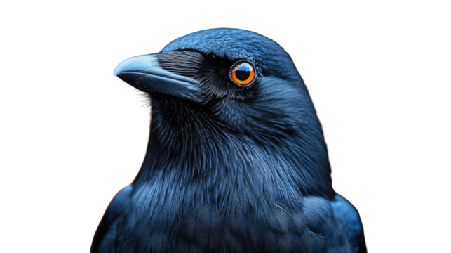 Ink-Blue Bird Portrait: A close-up studio shot captures the captivating gaze of a striking bird, showcasing its vibrant, ink-blue plumage and piercing orange eye - Powered by Adobe