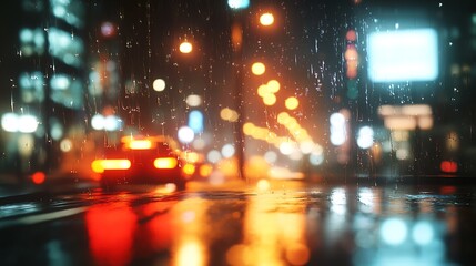 Fototapeta premium A rainy urban scene at night with glowing lights and a car in the foreground.