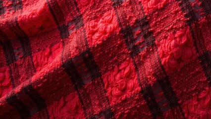 Intricate Textured Fabric in a Rich Red and Deep Brown Plaid Pattern with Embroidered Floral Motifs
