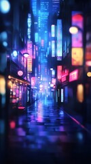 A vibrant, neon-lit alleyway at night, reflecting colors on wet pavement.