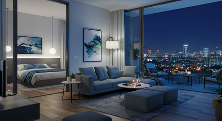 modern living room tranquil bedroom retreat opens to a breathtaking balcony vista, blending indoor comfort with outdoor serenity.peaceful, relaxing, cosy,