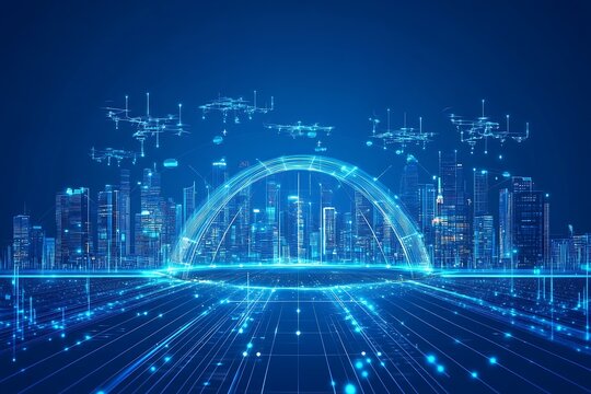 Drones flying over glowing city bridge, digital background, potentially for technology uses