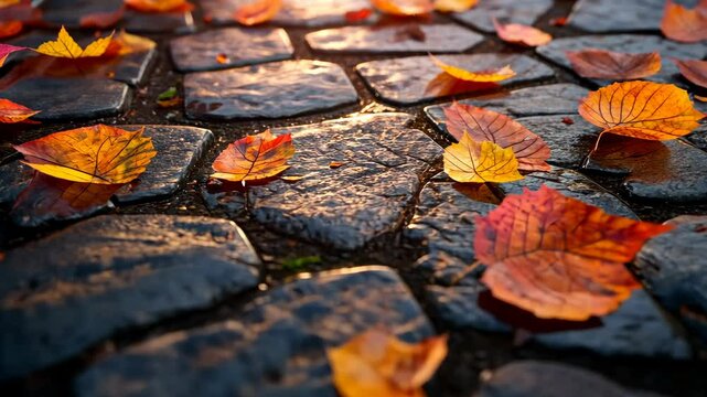 Autumn leaves gently falling on wet cobblestones in golden light