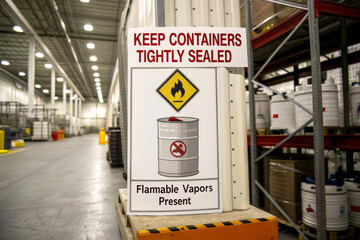 A safety sign warns to keep containers sealed due to flammable vapors, set in a warehouse environment.