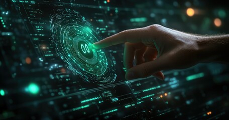 Fototapeta premium Futuristic Cybersecurity Visualization Digital Lock Hologram on Outstretched Hand - Advanced Tech Interfaces for Cutting-Edge Information Security and Corporate Cyber Defense