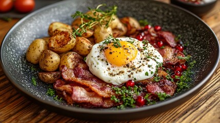 Delicious Breakfast Plate with Eggs and Bacon Rustic Kitchen Food Photography Cozy Atmosphere Overhead View