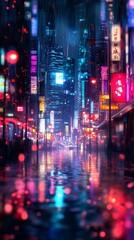 Obraz premium A vibrant, rainy city street illuminated by colorful neon lights and reflections.
