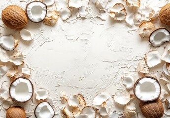 Fototapeta premium Natural Coconut Shells and White Coconut Pieces Surrounded by Dried Coconut Leaves on Light Textured Background for Tropical or Summer Themes
