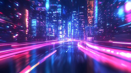 Obraz premium A vibrant, futuristic cityscape with neon lights and motion blur effects.