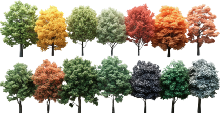 A Symphony of Seasons: A stunning collection of vibrant trees, each showcasing a different color palette reflecting the beautiful transitions of the seasons and natural beauty.