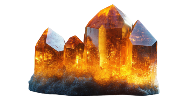 Radiant Crystal Cluster: A stunning close-up of a radiant cluster of crystals. Showcasing intricate details, it shimmers with an array of warm, fiery hues and reflects the ambient light.