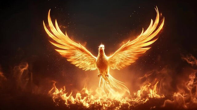 Phoenix Rising: A majestic phoenix, engulfed in flames, rises with wings spread wide against a dramatic backdrop of fire and smoke, symbolizing rebirth, transformation, and eternal life.