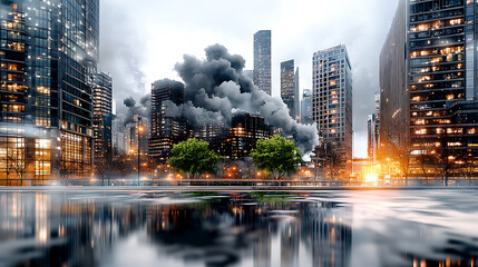 Fototapeta premium Urban fire incident downtown city photography dramatic atmosphere wide angle emergency response