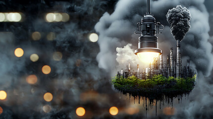 Industrial pollution crisis highlighted by urban growth dystopian setting digital art surreal environment aerial perspective