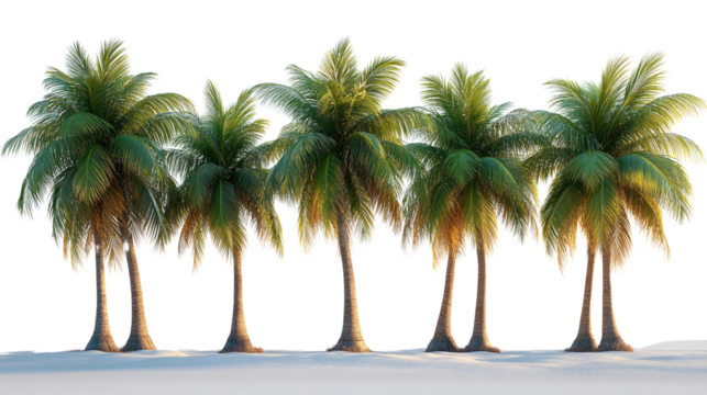 Tropical Palm Paradise: A row of majestic palm trees stands tall against a clear backdrop, their fronds swaying gently in the tropical breeze, evoking the spirit of vacation and relaxation.