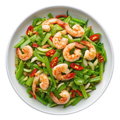 Fresh Shrimp Stir-Fry with Green Vegetables and Chili Peppers in Bowl