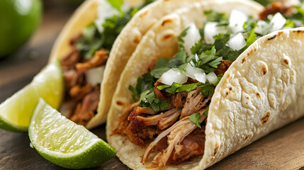 Delicious slow-cooked carnitas tacos garnished with fresh cilantro and onions, served with lime wedges. Perfect for food blogs, restaurant menus, and culinary websites.