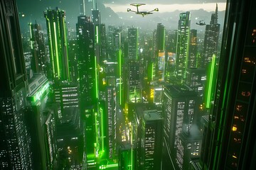 Futuristic city view, drones flying over glowing green skyscrapers, used for sci-fi content