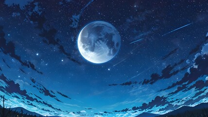 The full moon at night cartoon anime