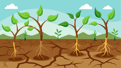 Fototapeta premium The young plants roots are exposed ly able to hold onto the dry and brittle ground a sign of the continuing drought and lack of resources.. Vector illustration