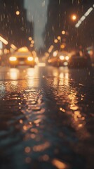 Obraz premium A rainy city street scene with reflections and glowing lights from vehicles.