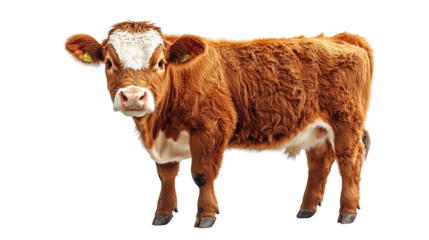 Calf Portrait: A charming calf stands confidently, showcasing its soft, brown coat with a striking white patch on its face, captivating with its innocence and curiosity.