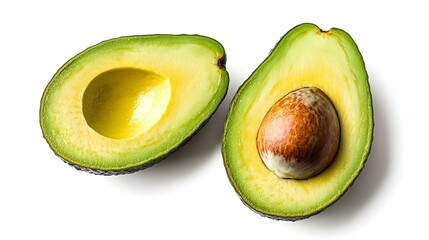 two halves of cut ripe avocado isolated on white