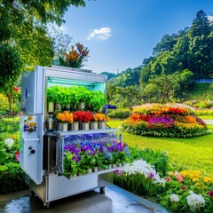 Vibrant Flower Vending Machine in a Lush Garden Landscape