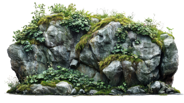 Ancient Stone with Plants: Weathered stones overgrown with verdant moss and lush green foliage.