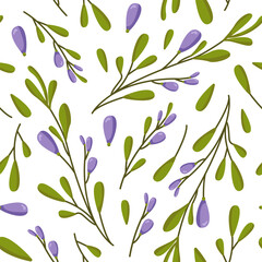 Vector seamless pattern with flowers and branches. Colored spring drawing for packaging, wallpapers and cards.