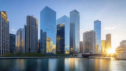 Fototapeta premium Cityscape: Skyscrapers Reflecting Sunset's Golden Light over Calm River