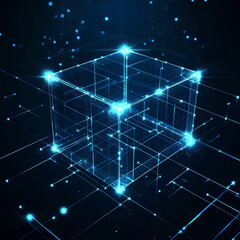Obraz premium Floating Translucent Blue Cube with Glowing Nodes in Dark Digital Space