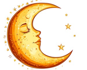 A smiling crescent moon surrounded by shining golden stars
