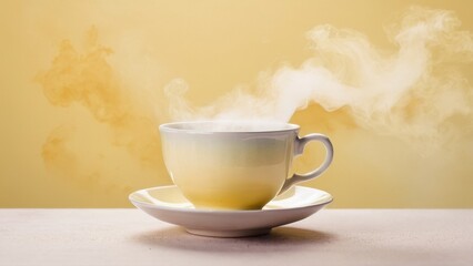  a steaming cup of tea exudes warmth and comfort against a soft yellow backdrop