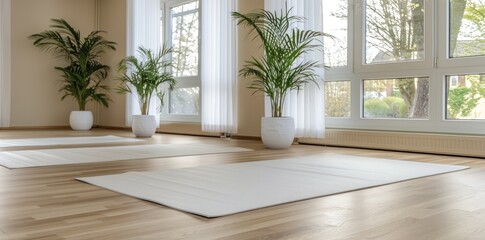 Fototapeta premium Spacious yoga space - cozy haven, mindful retreat, exercise spot, tranquil environment, peaceful practice, stretching zone, meditation area, holistic corner, wellness sanctuary, comfortable flooring,