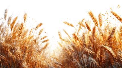 Golden Grain Panorama: A stunning view of sun-kissed wheat or barley stalks, their golden hues creating a warm, inviting atmosphere, conveying the essence of harvest and abundance. 