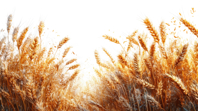 Golden Grain Panorama: A stunning view of sun-kissed wheat or barley stalks, their golden hues creating a warm, inviting atmosphere, conveying the essence of harvest and abundance. 