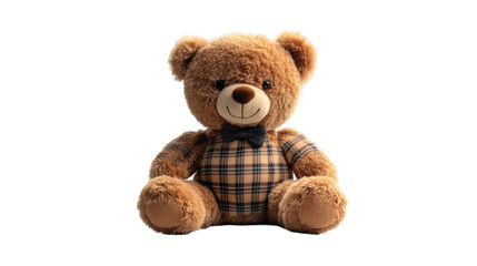 Obraz premium Cuddly Companion: a charming, inviting teddy bear in a warm brown hue, adorned with a classic bow tie and plaid pattern on its body. It is a visual celebration of comfort.