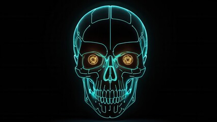  a futuristic depiction of a glowing robotic skull with illuminated eyes