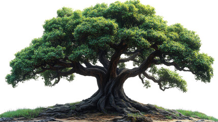 The Majestic Canopy: A magnificent, large tree with a sprawling, verdant canopy, its thick, textured trunk firmly rooted in the earth, presenting a scene of resilience and longevity.