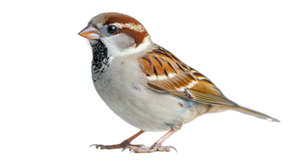 House Sparrow's Detailed Portrait: A close-up, detailed shot captures the delicate beauty of a house sparrow, showcasing its distinctive markings, tiny beak, and perky posture in high-definition.