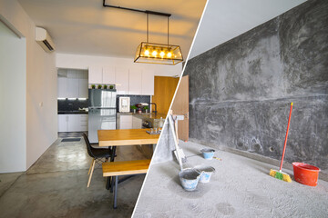 Modern kitchen and dining room before and after renovation project showing improvement