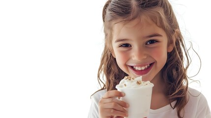 Girl eating yogurt isolated on white background