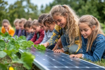 a group of children are gathering around a solar panel in a garden. The children are interacting and exploring the solar panel