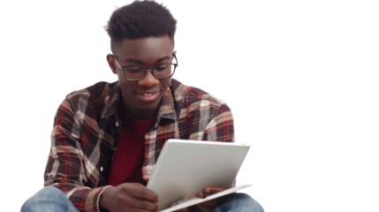Young student working on tablet with transparent background