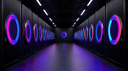 Server Room Symphony: A futuristic server room glows with a stunning display of vibrant neon lights, offering a glimpse into the heart of modern data storage and technology