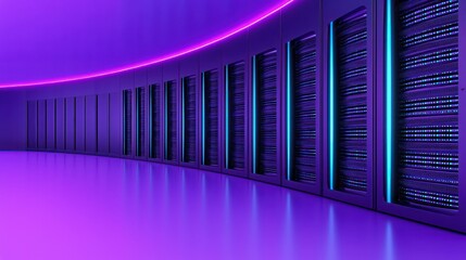 Data Fortress: A futuristic server room bathed in cool, blue and purple light, showcasing rows of powerful servers housed in a sleek, modern environment.
