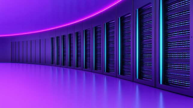 Data Fortress: A futuristic server room bathed in cool, blue and purple light, showcasing rows of powerful servers housed in a sleek, modern environment.